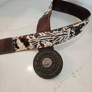 Chicos Small Genuine Leather Belt Aztec Medallion Buckle Brown Beaded